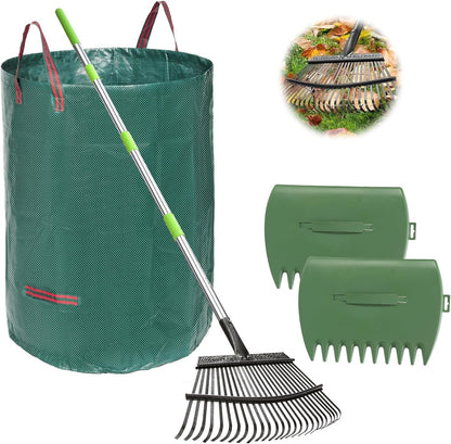 JOYHALO 65 Inch Rake for Leaves, 25 Tines Metal Leaf Rake Set with 32 Gallon Leaf Bags Scoops