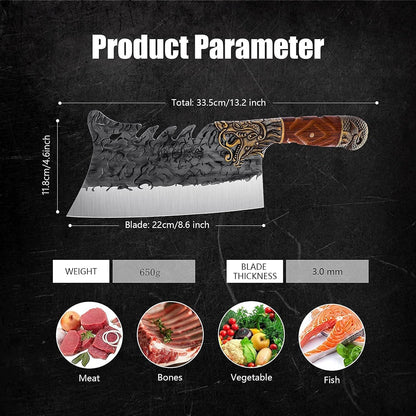 ROCOCO Cleaver Knife Meat Cutting Heavy Duty Bone Butcher Chopper Large Hand Forged Chinese Dragon