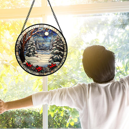 Stained Glass Window Hanging Christmas Tree Winter Snow Night Scenery 6.3" - Suncatcher Door Garden