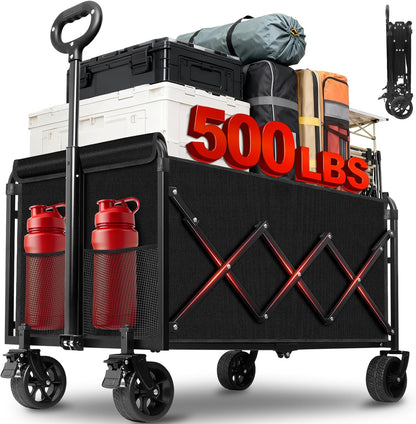 Collapsible Wagons Carts Foldable Wagon, 500LBS Heavy Duty Wagon Cart Foldable with Brakes &