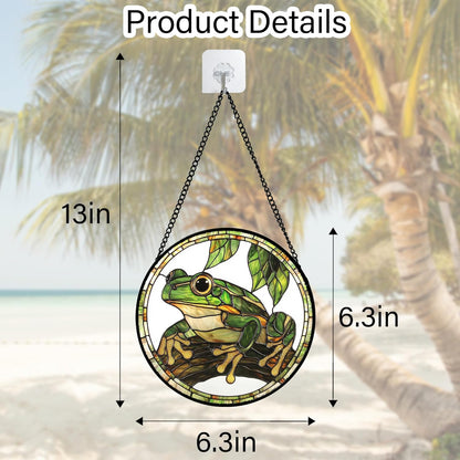 Stained Glass Window Hanging, Frog Green Leaf Sun Catchers Colorful Glass Panel Cool Suncatcher