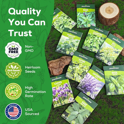 10 Herb Seeds Variety Pack - 7,000+ Heirloom Non-GMO Seeds - Basil, Cilantro, Lavender, Parsley