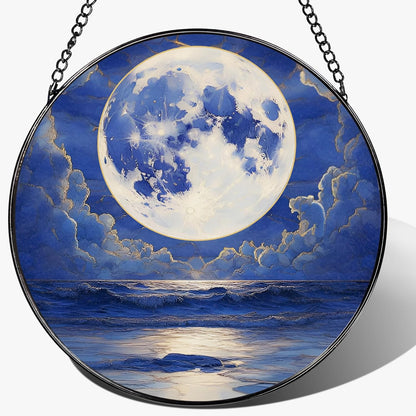 8'' Full Moon Over Ocean Sun Catcher Ornament, Stained Glass Window Hanging, Suncatchers for