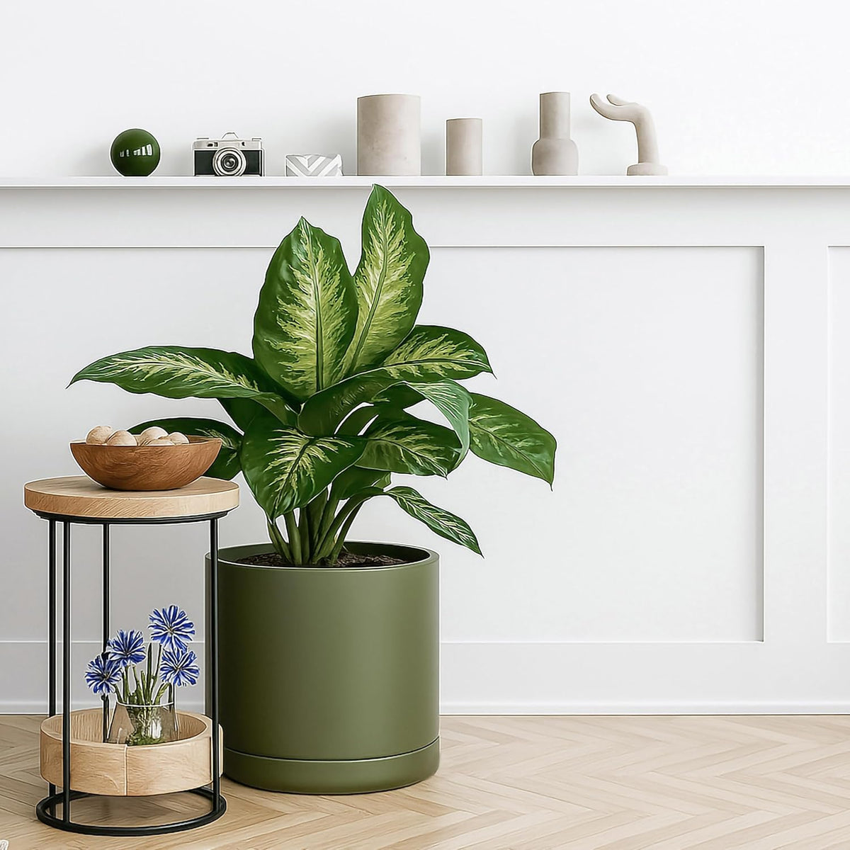 D'vine Dev 12 Inch Ceramic Planter Pot with Drainage Hole and Saucer, Indoor Cylinder Round Planter