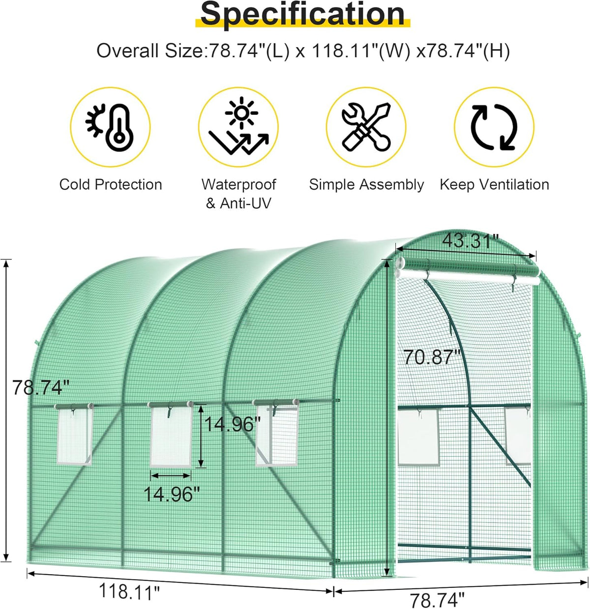 Greenhouse, 10’x7’x7’ Upgraded Walk-in Greenhouse with Spraying System, Heavy Duty Tunnel Green