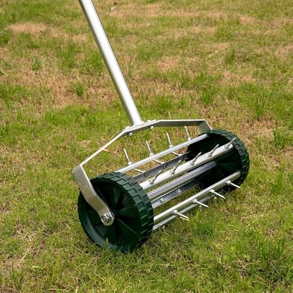 16-Inch Heavy Duty Rolling Lawn Aerator With Sharp Spikes & Anti-Slip Handle - Push Aerator for