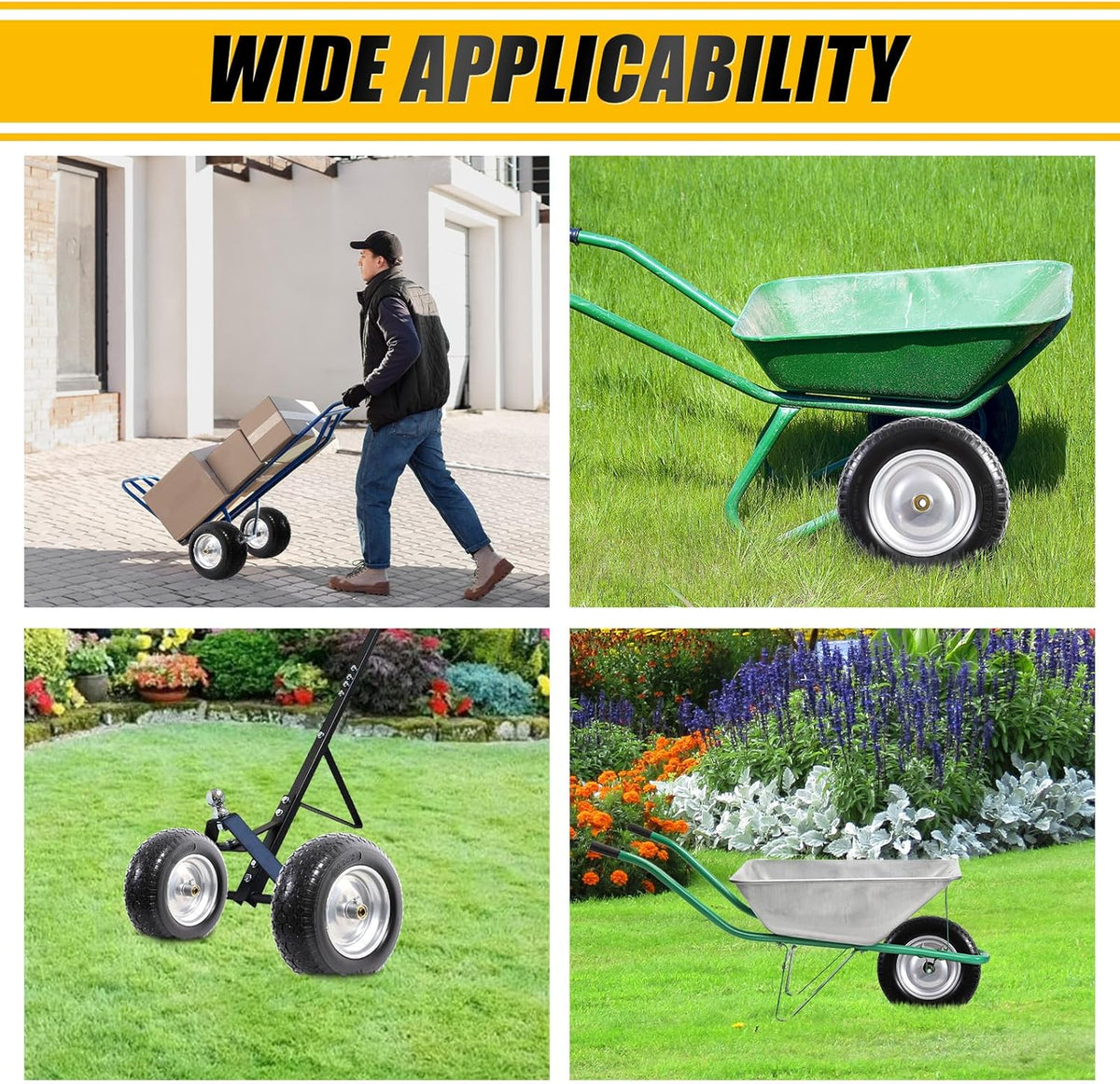 MZREXN 14.5" Wheelbarrow Tire Flat-Free 3.00/3.25/3.50/4.00-8" Solid Tire and Wheel with 3"-7"
