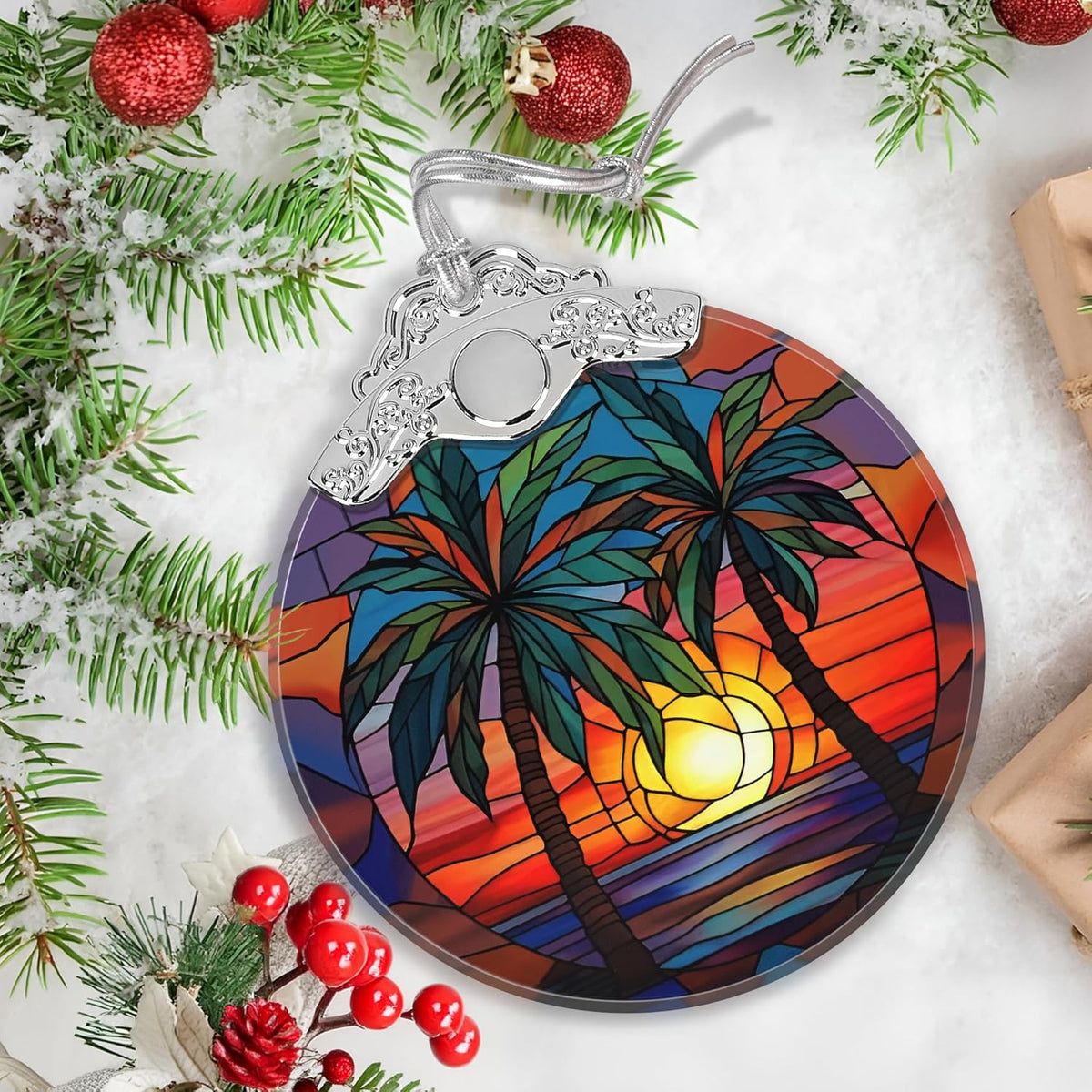 Stained Glass Retro Beach Christmas Ornament - Holiday Home Decor - Tree Decoration - Gift Exchange