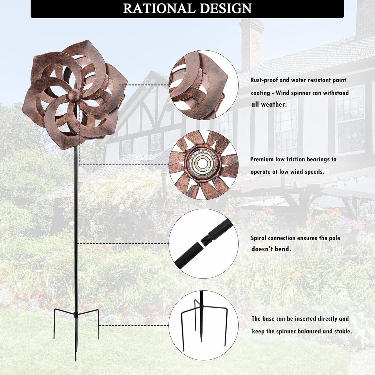 WONDER GARDEN Wind Spinner - Wind Spinners Outdoor, Outdoor Metal Windmills, 4.4 Ft Retro Brown