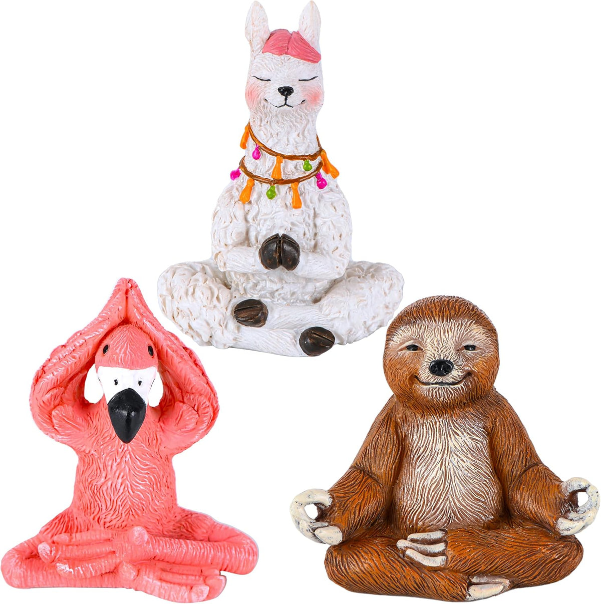 Mood Lab Miniature Yoga Figurines Set - Funny Mini Statue Kit of 3 pcs - Flamingo, Lama & Sloth in