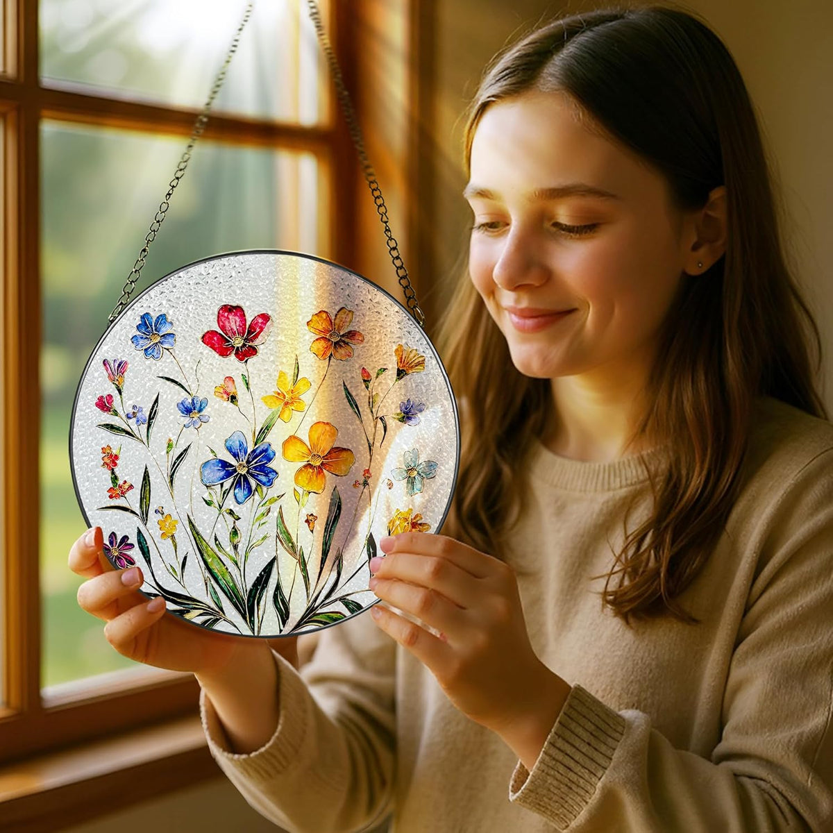 Wildflower Stained Glass Suncatcher, Stained Glass Window Hanging, 8 Inch Wildflower Window Decor