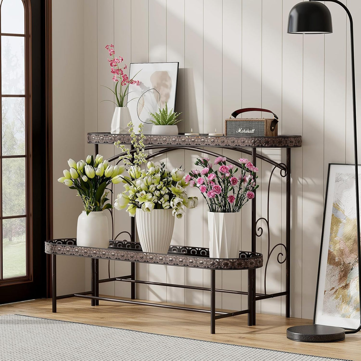 Plant Stand Outdoor Indoor 2 Tier Metal Pland Stand, Detachable Heavy Duty Tall Plant Shelf Rack