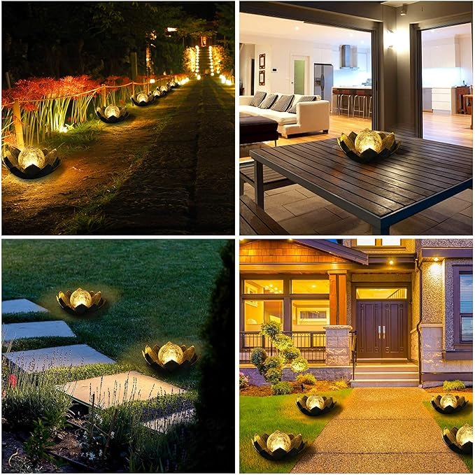 Huaxu Solar Lights Outdoor Garden, Crackle Globe Glass Lotus Decor, Waterproof LED Metal Flower