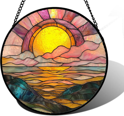 Stained Glass Window Hanging, Sunrise Over The Sea Suncatcher Diamond Glass Panel Hangings Abstract