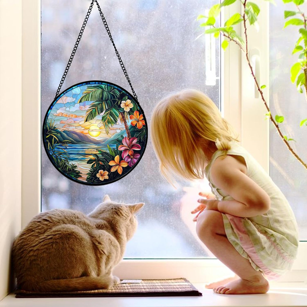 Stained Glass Window Hanging, Colorful Landscape Suncatcher for Doors Home Sun Catchers Decoration