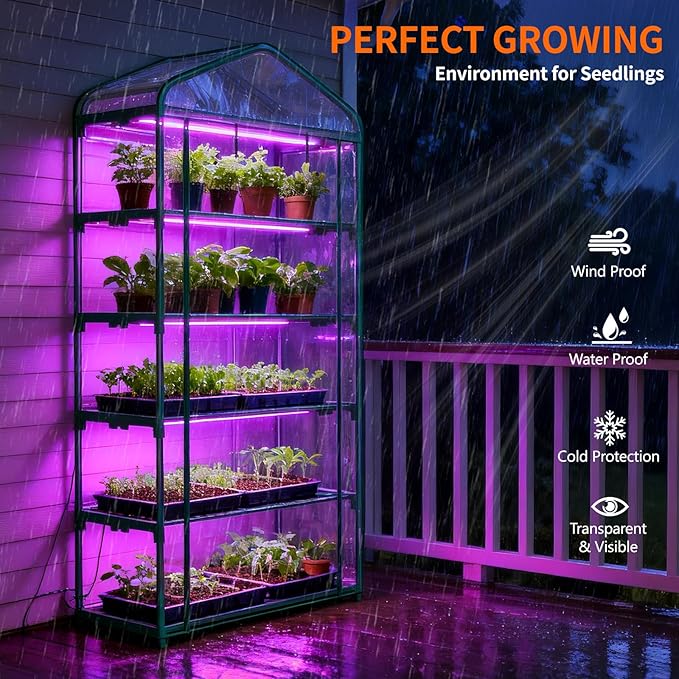 Indoor Greenhouse with Grow Light, 5-Tier Mini Greenhouse 35.4"x19"x74.8" Small Greenhouse with