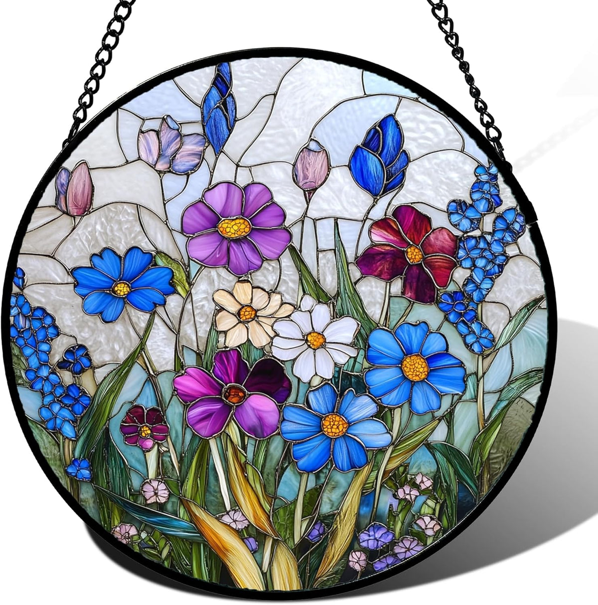 Stained Glass Window Hanging Blue Purple Wildflowers Large 11.8" - Suncatcher Door Garden Sunroom