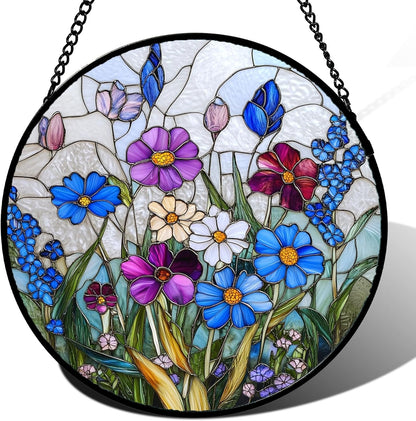 Stained Glass Window Hanging Blue Purple Wildflowers Large 11.8" - Suncatcher Door Garden Sunroom