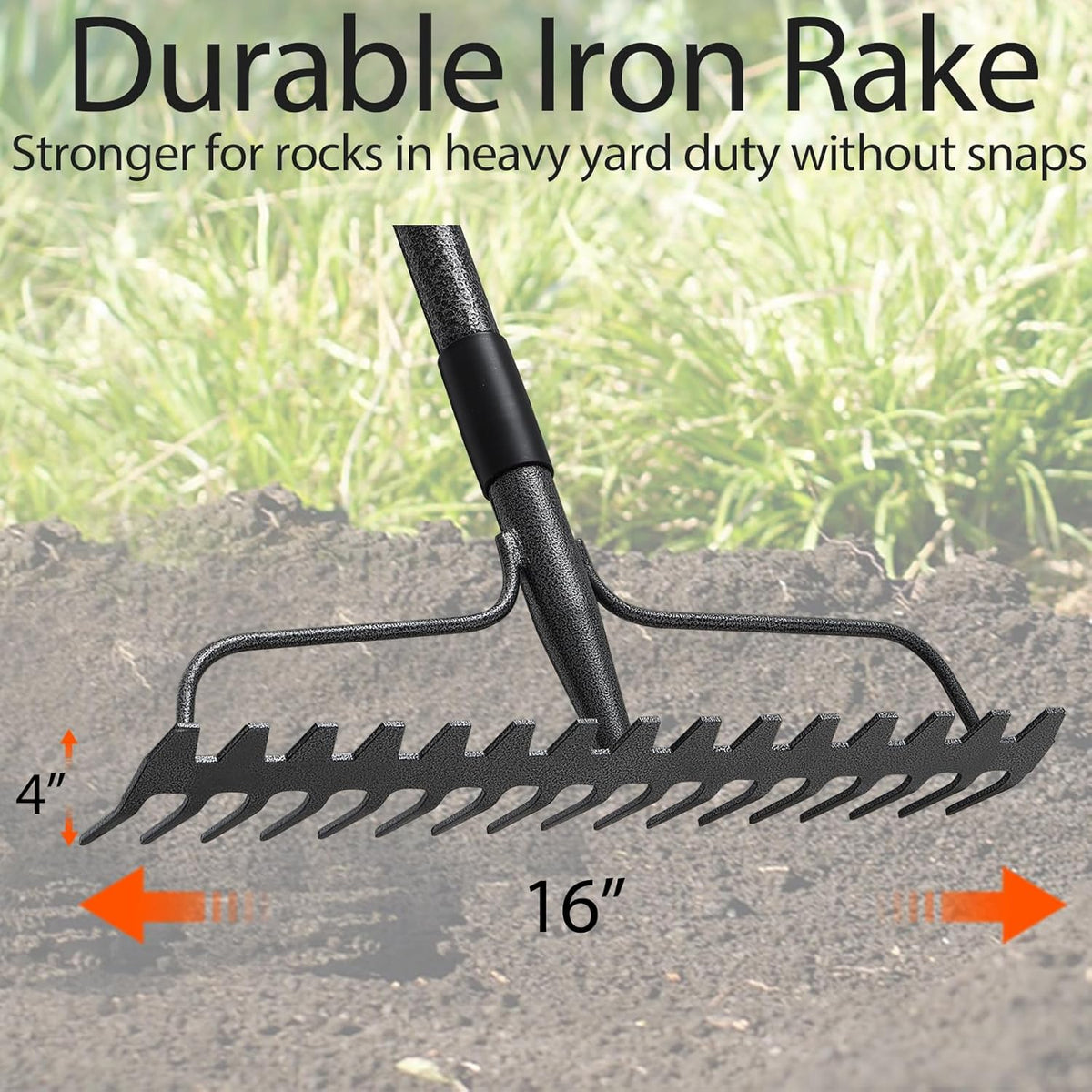 Thatch Rakes for Lawns, Heavy Duty Metal Garden Rake with 17 Prongs, Adjustable Yard Rock Rake for