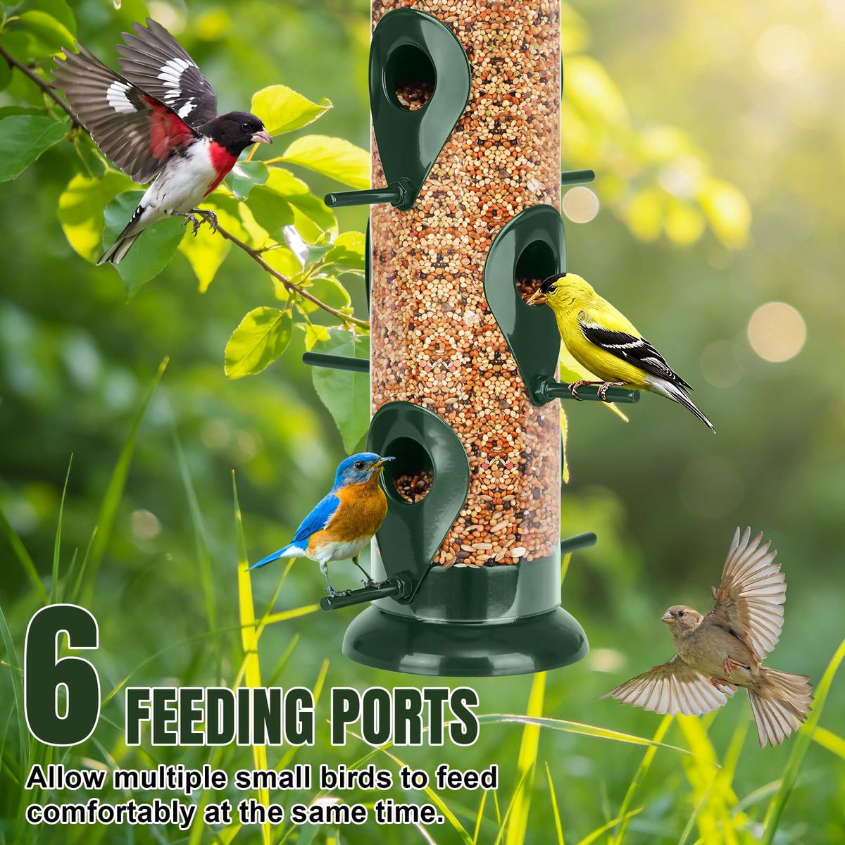FEED GARDEN Metal Bird Feeder- 6 Port Tube Feeder for Outdoors with Metal Lid, Easy Fill & Clean
