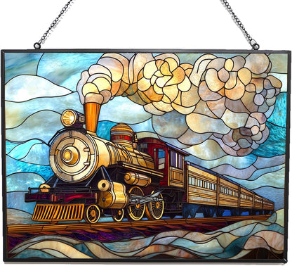 Personalized Rectangle Art Nouveau Steam Train Suncatcher Stained Glass Stained Glass Window