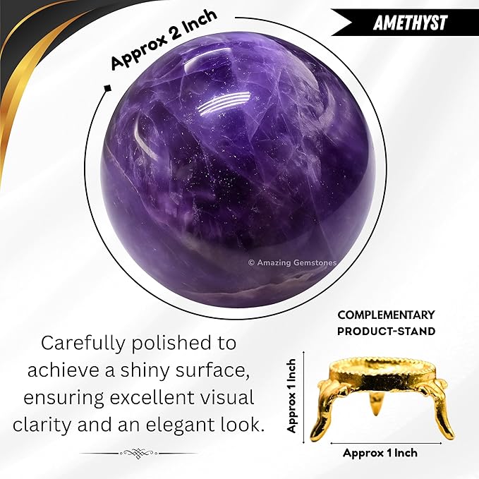 Amazing Gemstone Amethyst Crystal Ball with Stand - 2" Inches Crystal Sphere Meditation Balls for