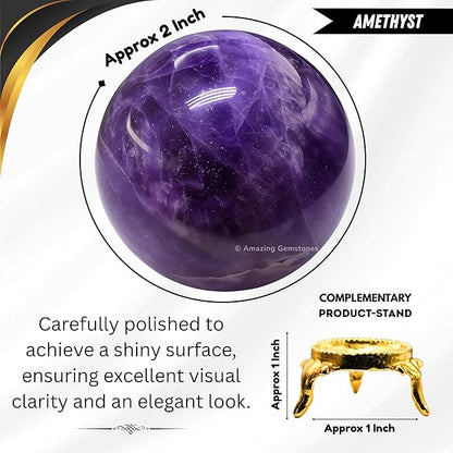 Amazing Gemstone Amethyst Crystal Ball with Stand - 2" Inches Crystal Sphere Meditation Balls for