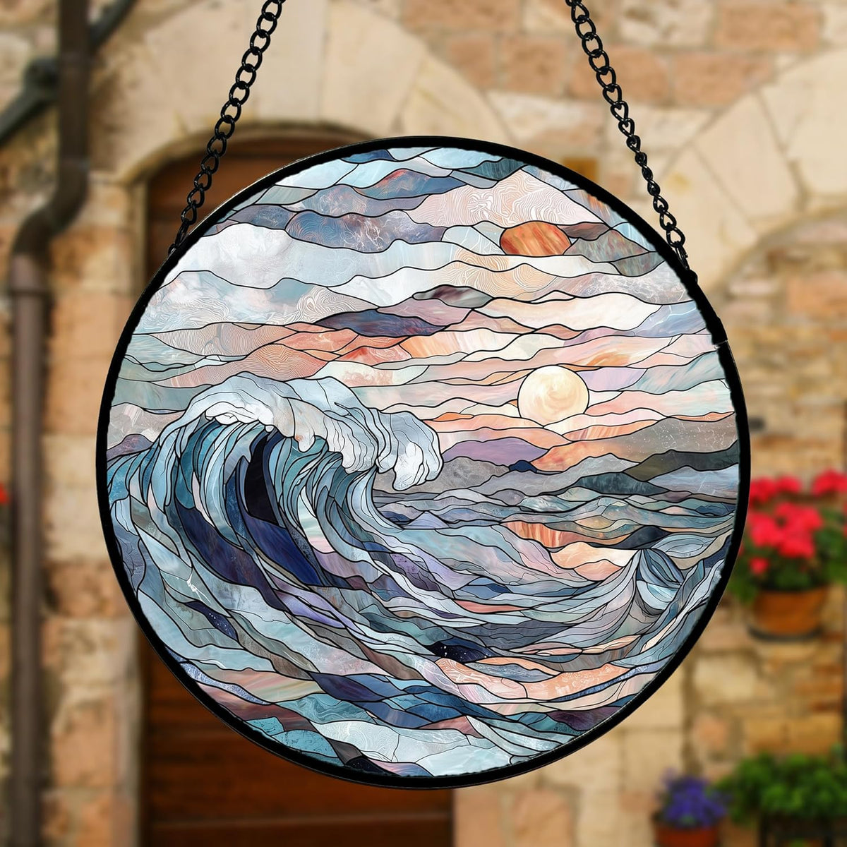 Stained Glass Window Hanging, Sunrise Waves Sun Catchers Diamond Glass Panel Hangings Abstract