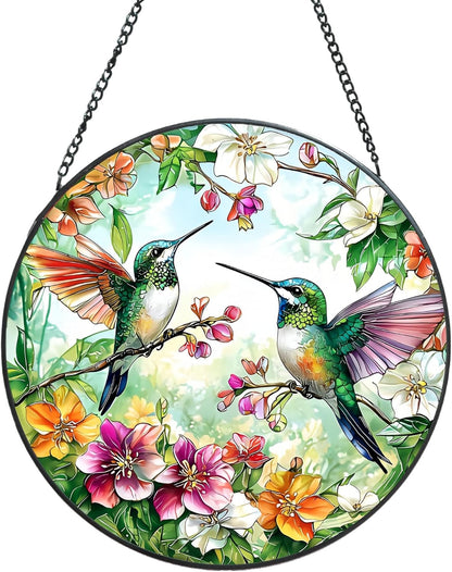 Suncatcher Stained Glass Window Hanging - Hummingbird Glass Panel with Metal Chain and Hooks