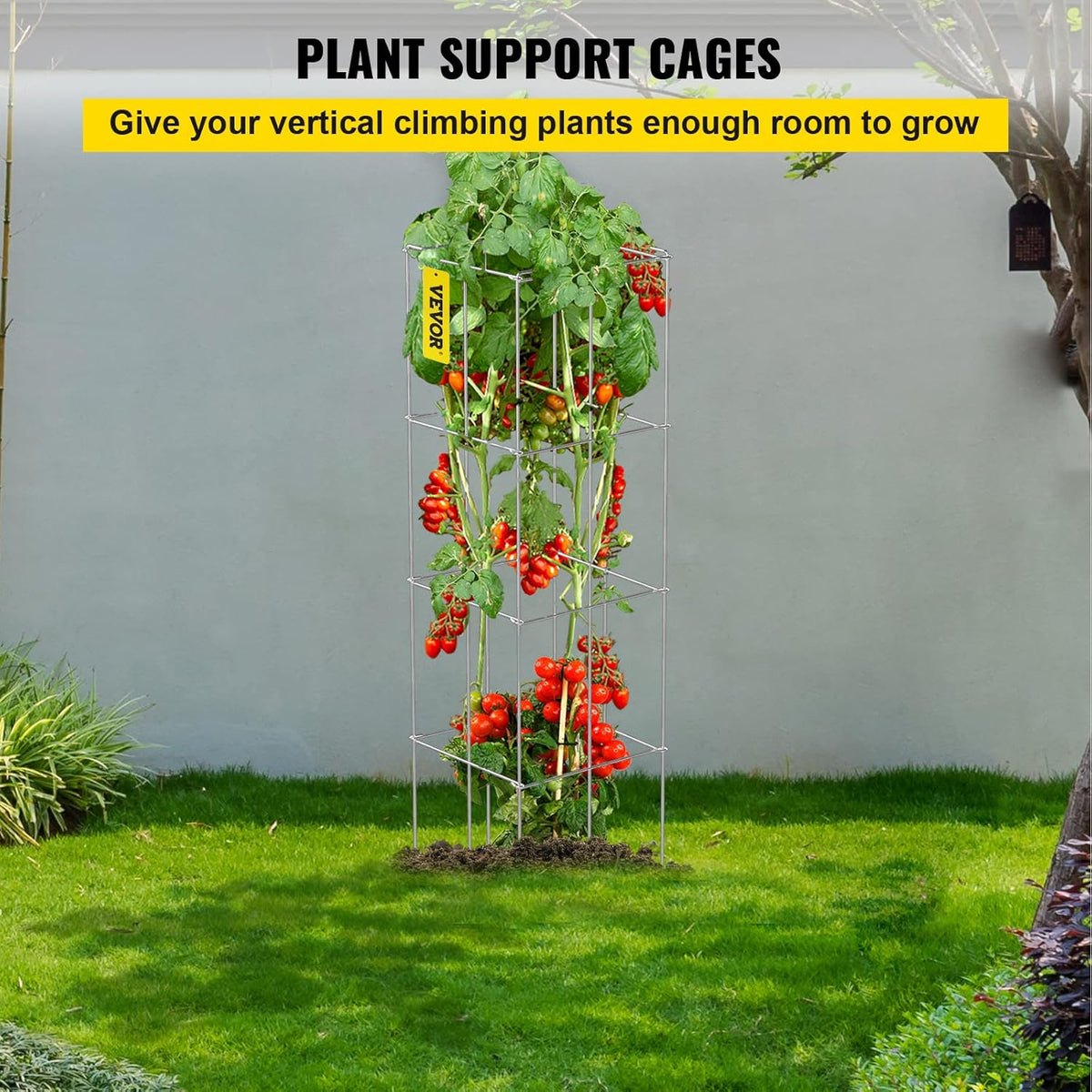 VEVOR Tomato Cages, 11.8" x 11.8" x 46.1", 5 Packs Square Plant Support Cages, Silver PVC-Coated