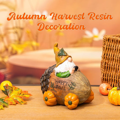 Topadorn Fall Gnome Statue Pine Cone Car with Pumpkin Wheel, Autumn Harvest Gnome Resin Figurine