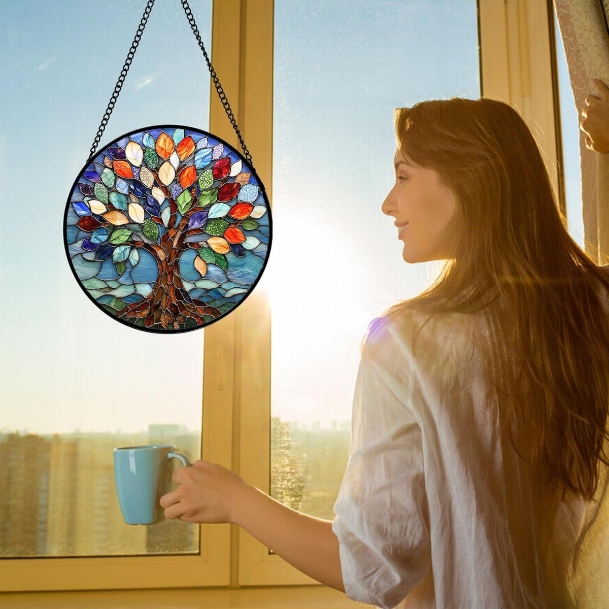 Stained Glass Window Hanging, Colorful Tree of Life Sun Catchers Glass Panel Blue Suncatcher Decor