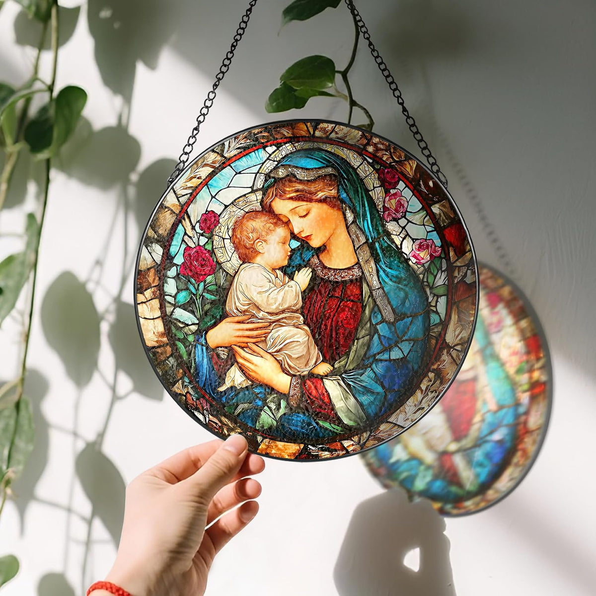 8 Inch Virgin Mary Stained Glass Suncatcher, Stained Glass Window Hanging, Christian Window Hanging