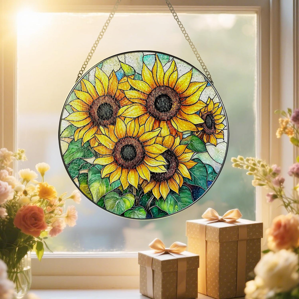 Stained Glass Window Hanging, 8 Inch Sunflower Stained Glass Suncatcher, Suncatchers for Windows