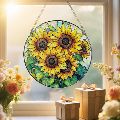Stained Glass Window Hanging, 8 Inch Sunflower Stained Glass Suncatcher, Suncatchers for Windows