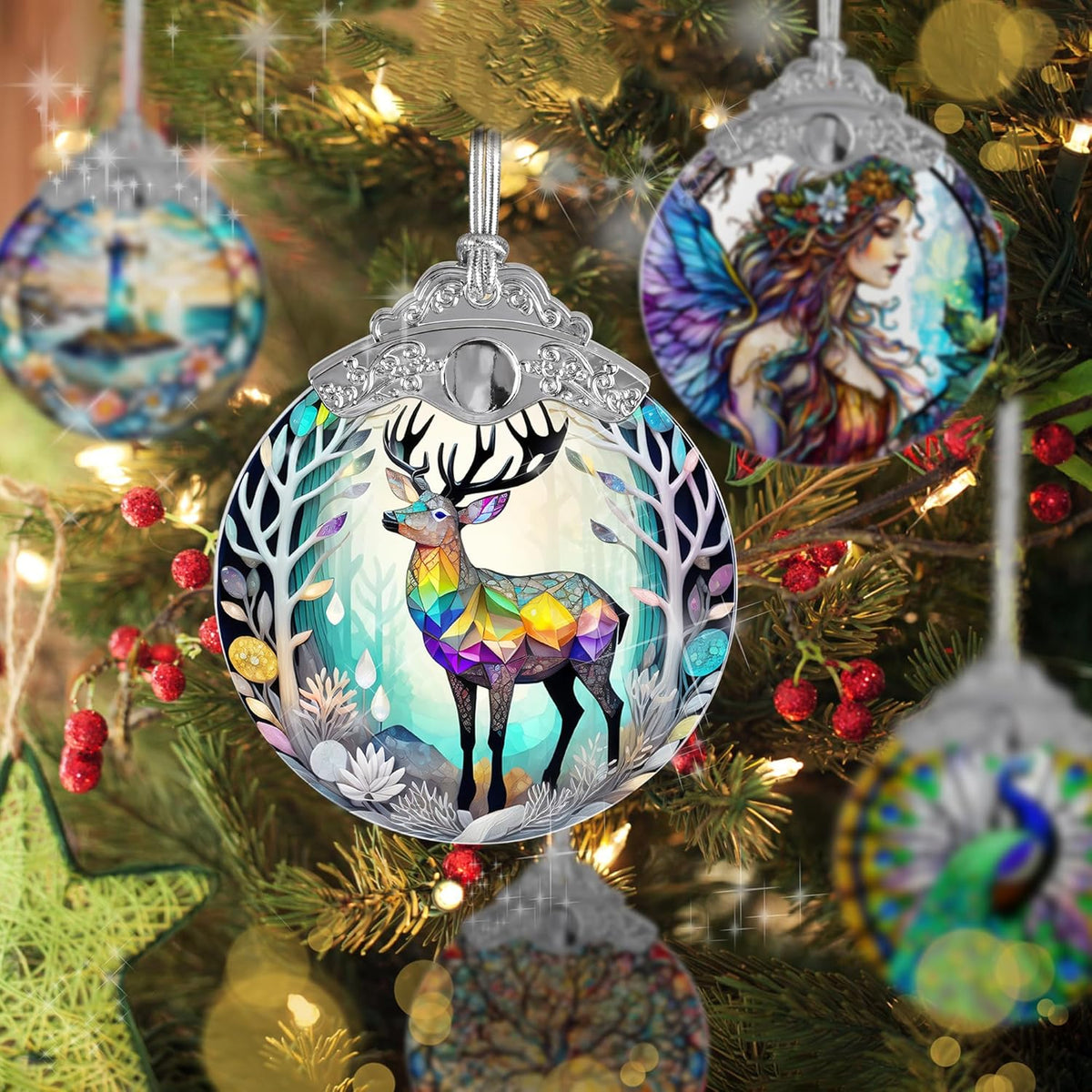 Stained Glass Suncatcher, Deer Ornament for Christmas Tree, Holiday Home Decor and Gifts