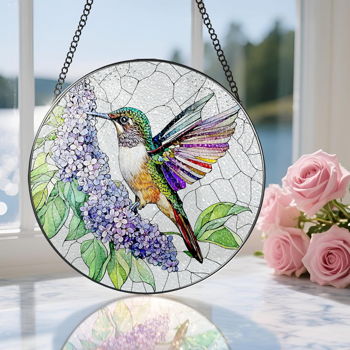 Stained Glass Window Hanging, 8 Inch Hummingbird Sun Catchers, Stained Glass Suncatcher, Window