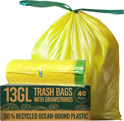 13 Gallon Trash Bags with Drawstrings, 40 Bags Made from 50% Recycled Plastic, Leakproof and