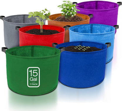 7 Pack 15 Gallon Plant Grow Bags - Mixed 7 Colors with Reinforced Handles & Aeration Design, Ideal
