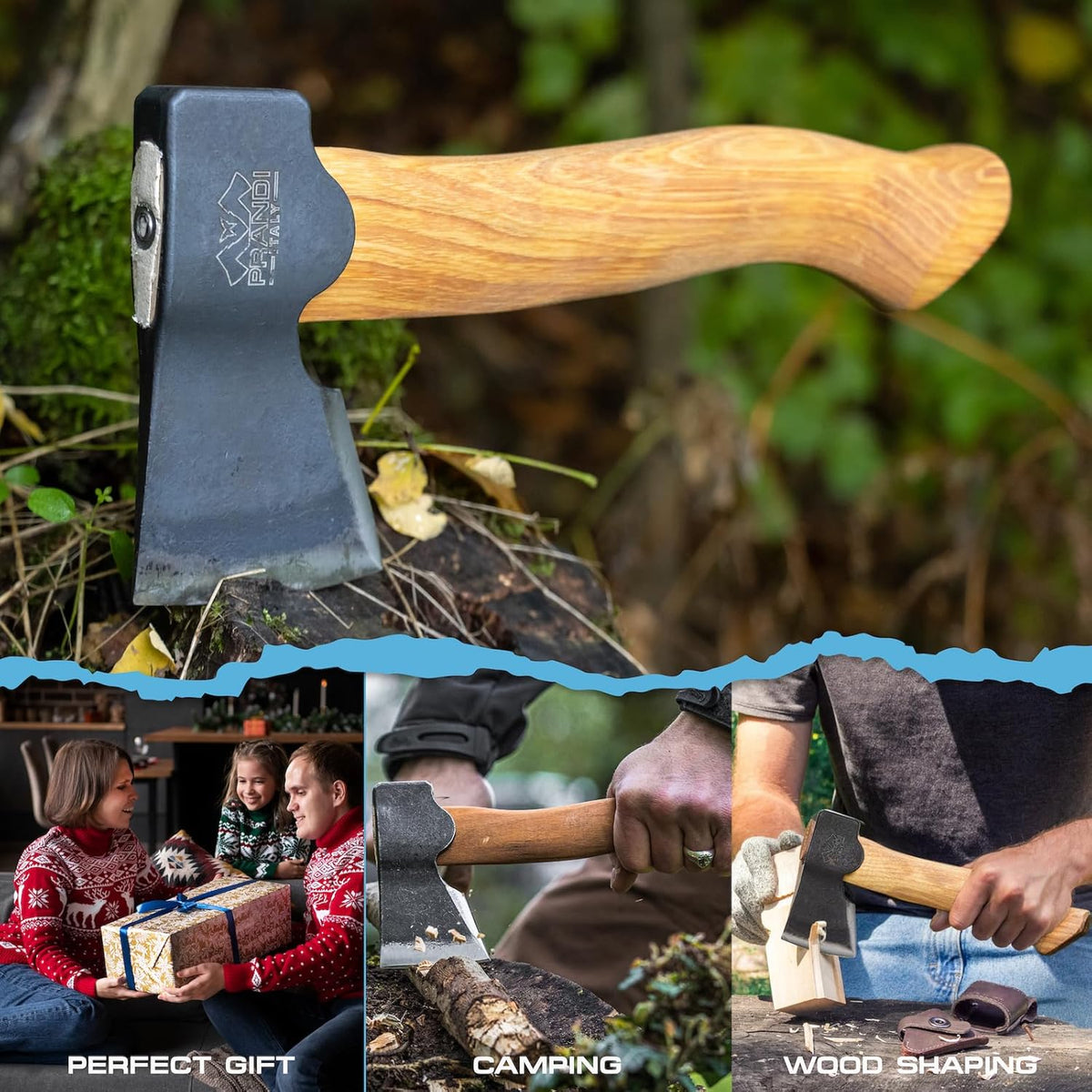 Prandi Segurin Hatchet 88 lb - Hickory Handle 11in with Leather String - Ideal for Camping, Travel