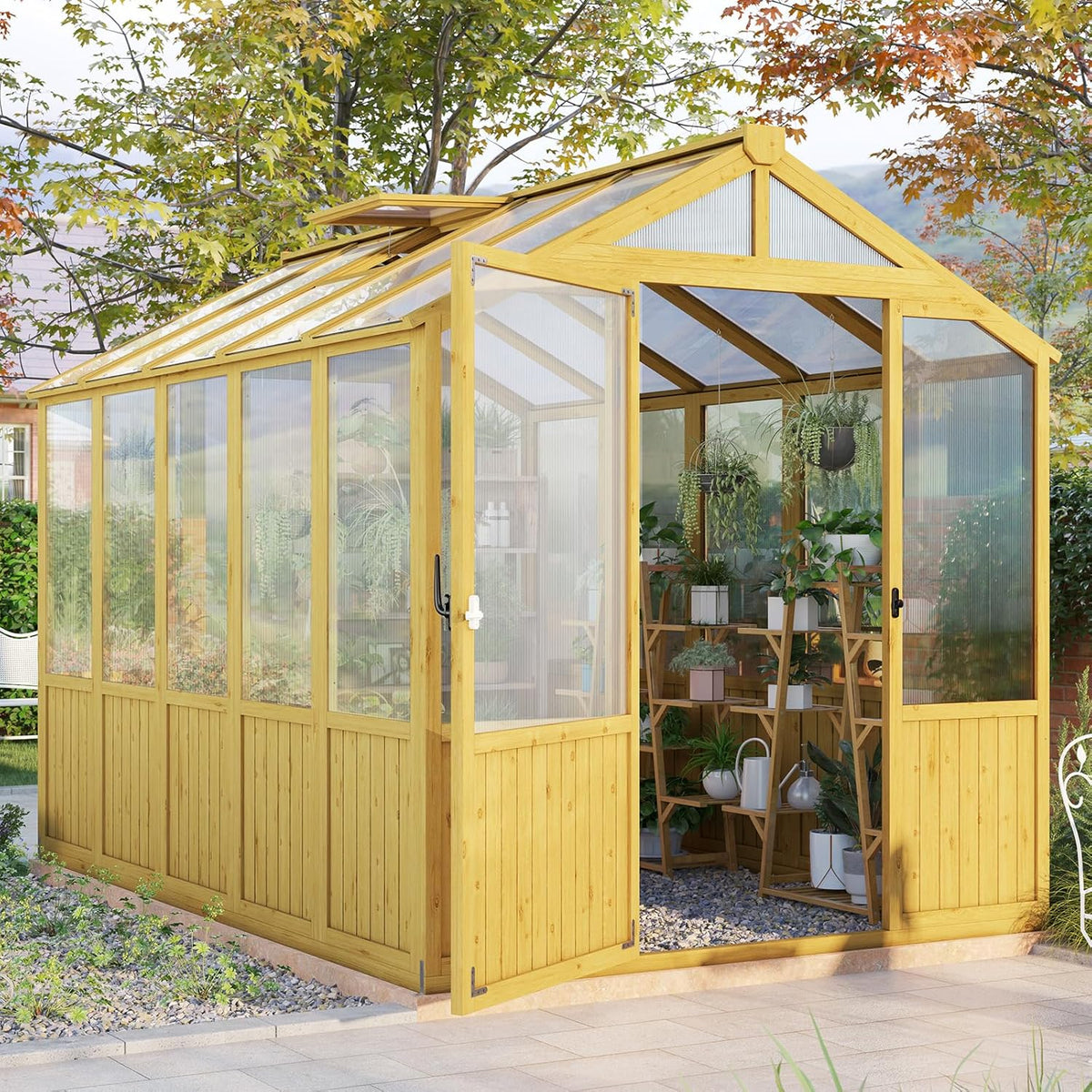 Jocisland 6x8x6.5 Ft Wooden Greenhouse, Pre-Assembled Solid Cedar Frame, Walk-in Design, Lockable