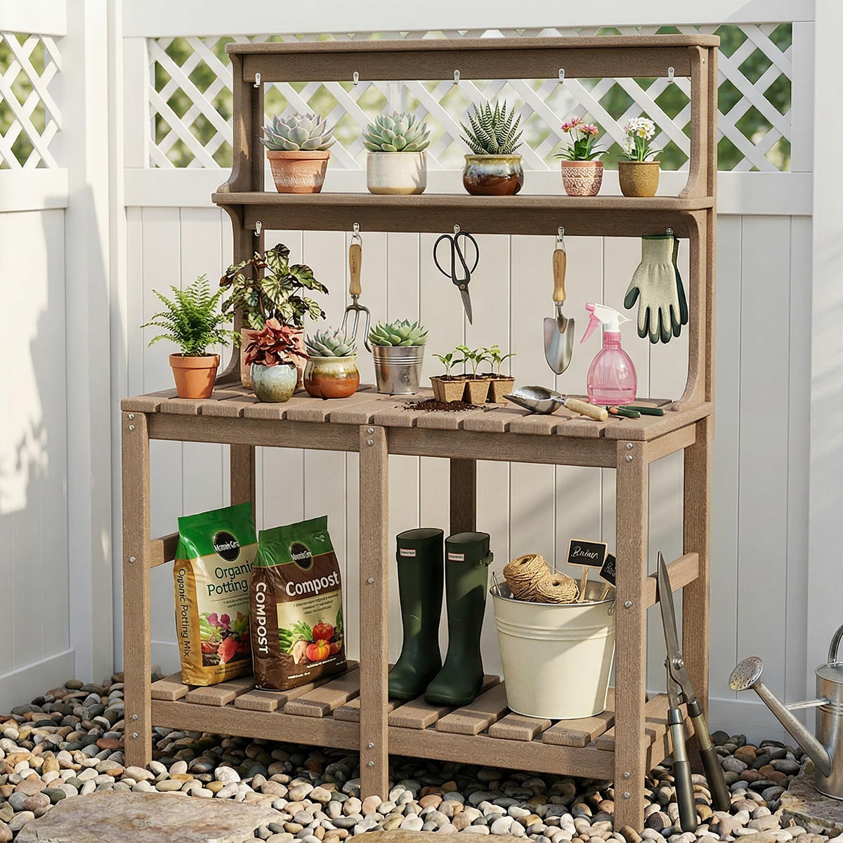 Polyhouz Outdoor Potting Bench with 3 Tier, All-Weather Patio Potting Table with Tool Hooks, HDPE