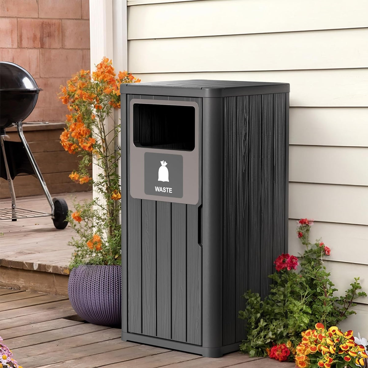 Outdoor Single Barrel Trash Can,Waterproof Resin Garbage Can with Garbage Labels,Durable Waste Bin