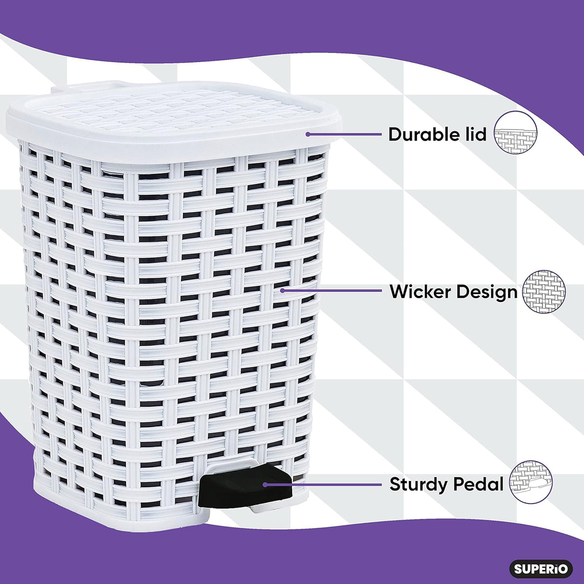 Superio Small Outdoor Trash Can with Lid for Dog Poop 6.8 Gallon/26 L Plastic Step On Garbage Can