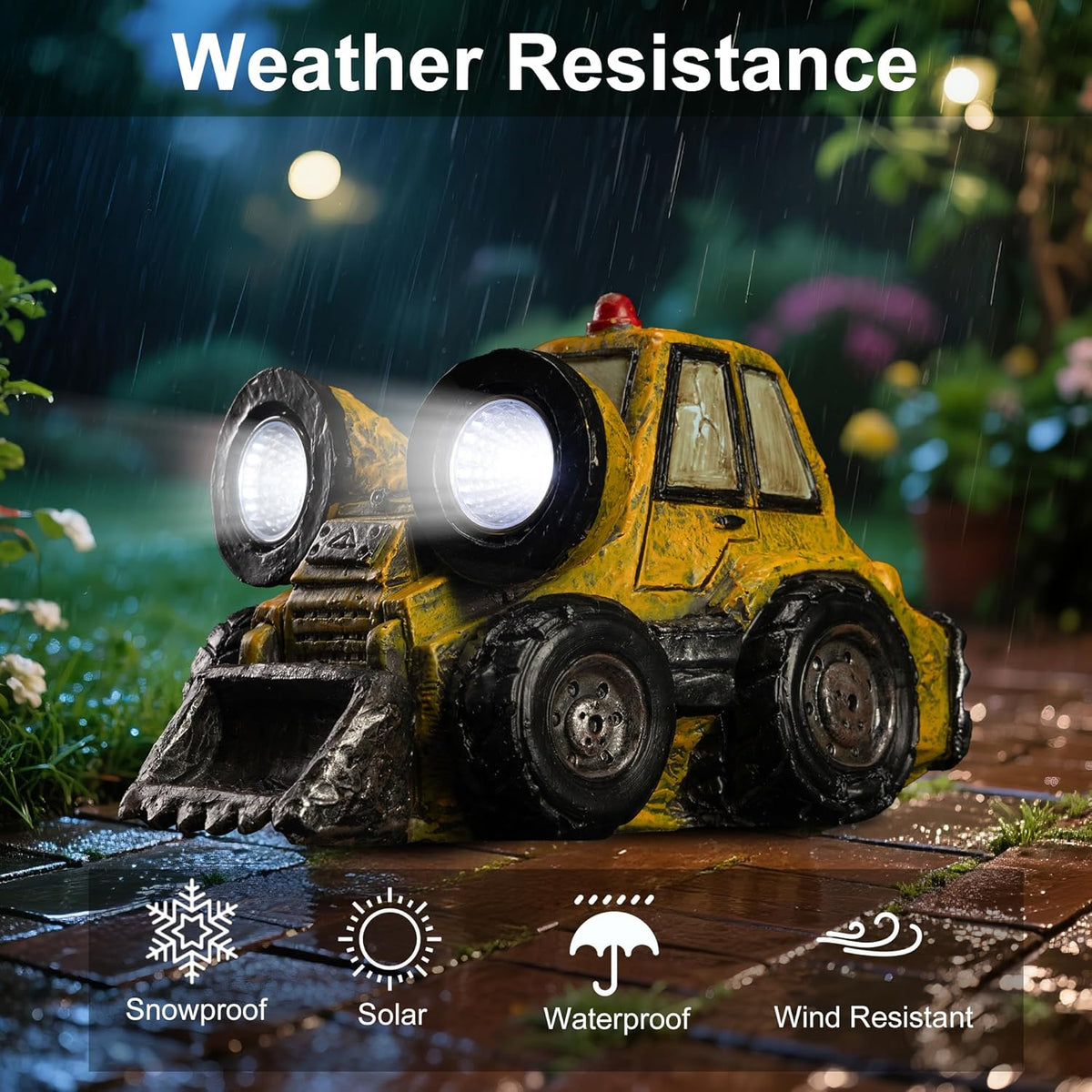 Garden Statue Outdoor Solar Light Decor with LED Light Rustic Vintage Bulldozer Construction