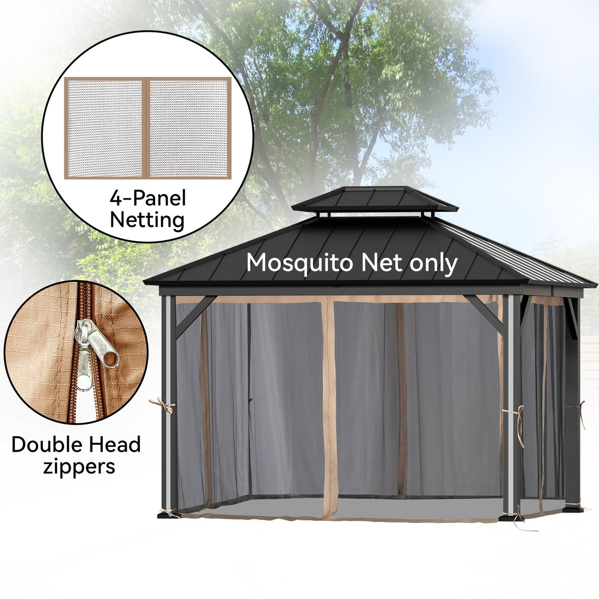 Covered Outdoor Gazebo Mosquito Netting Replacement Universal 4-Panel Sidewalls 11' x 13', Outdoor