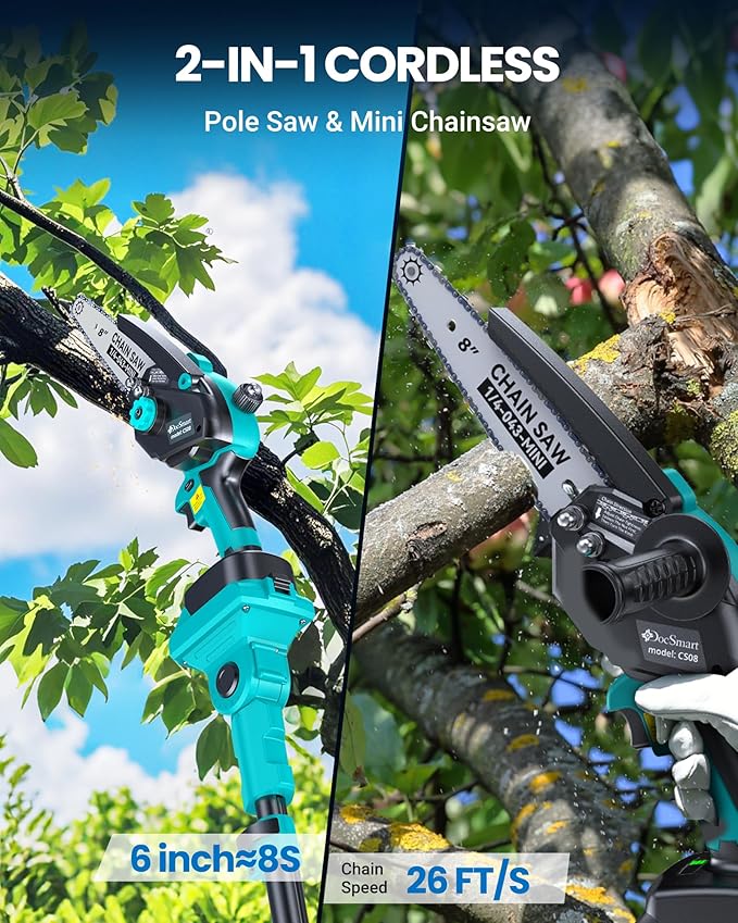 Cordless Pole Saw&8 inch Mini Chainsaw,2-IN-1 Electric Tree Trimmer with 2PCS 2000mAh Rechargeable
