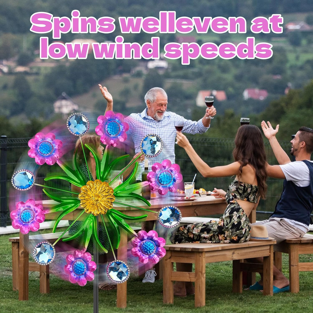 Purple Flowers Outdoor Wind Spinner, 36" Metal Wind Sculpture with Stake, Wind Spinners for Yard
