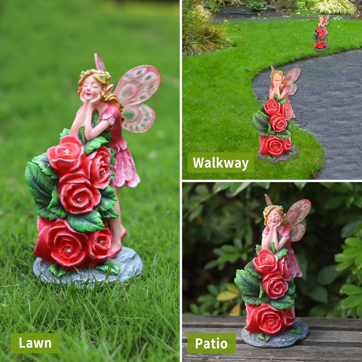 Solar Garden Outdoor Statues Cute Flower Fairy with 7 LED Solar Figurine for Lawn,Patio, Balcony
