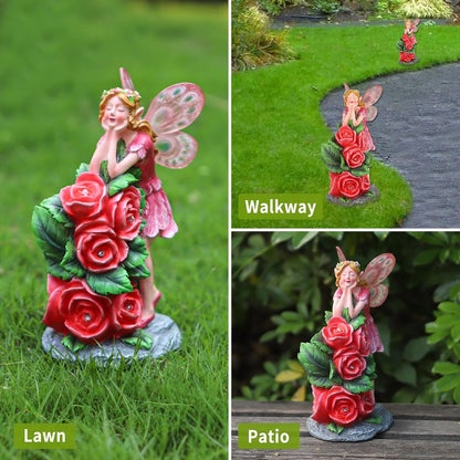 Solar Garden Outdoor Statues Cute Flower Fairy with 7 LED Solar Figurine for Lawn,Patio, Balcony